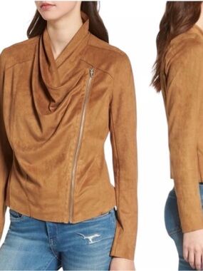 Blank NYC Faux Leather and Suede Camel Draped front Moto Jacket